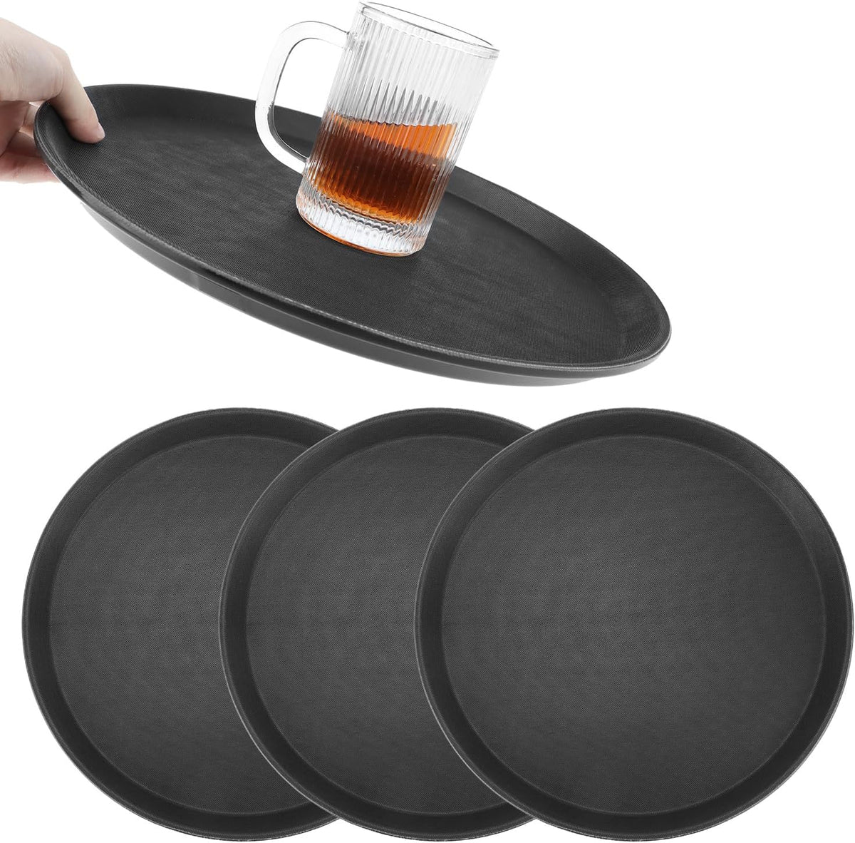 14-Inch Round Non-Slip Serving Tray Set – 4Pack Rubber Surface Drink & Meal Carrier for Home, Café & Catering