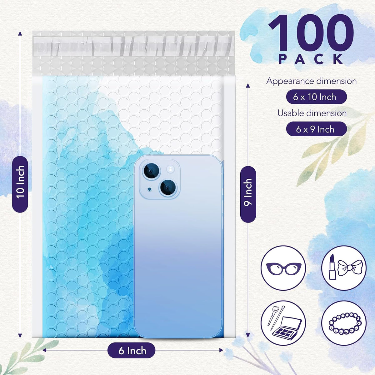 Bubble Mailers 6x10" Blue Watercolor Small Padded Envelopes 100 Pack
