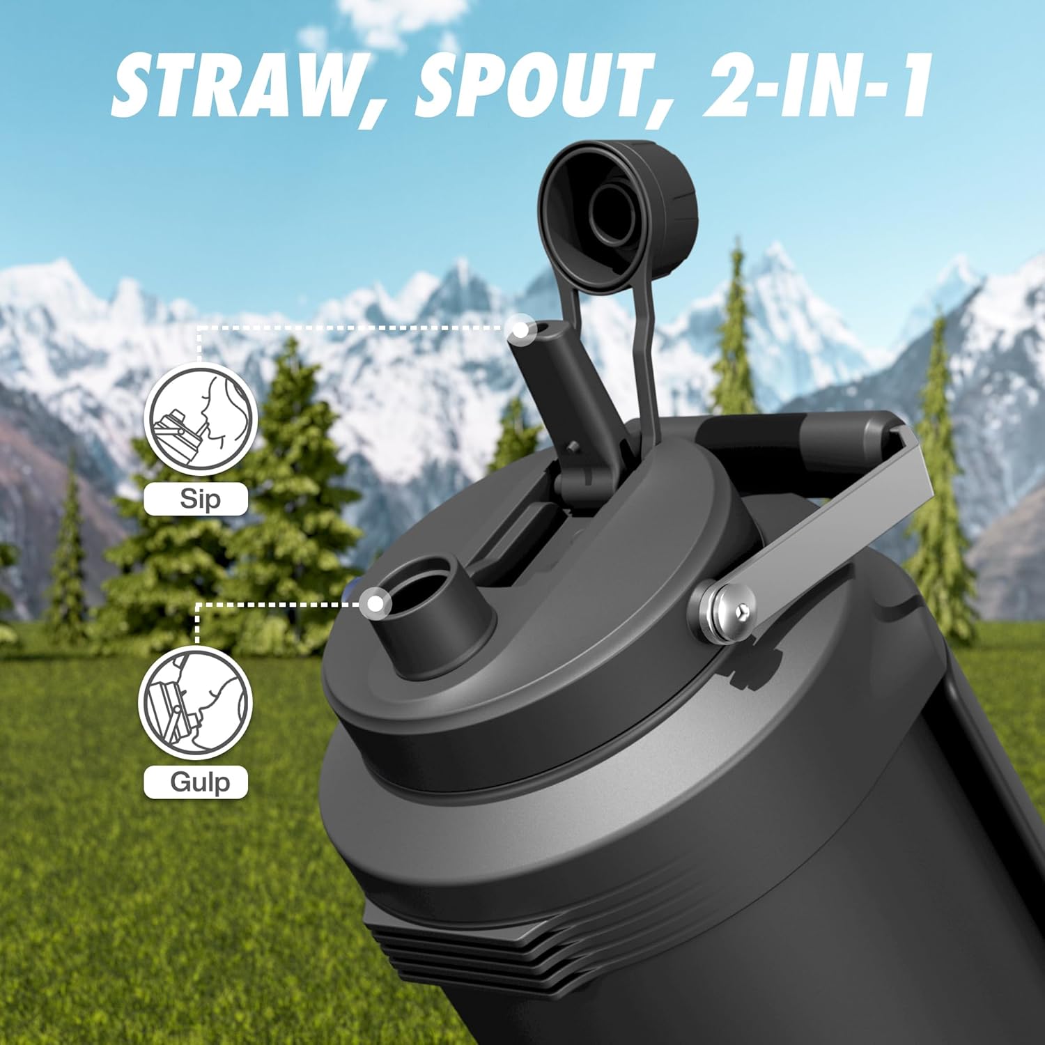 1 Gallon Insulated Water Bottle for Travel: 2-in-1 Straw Spout Lid, Dual Handle, Leakproof, Keep Cold 48H, 128oz