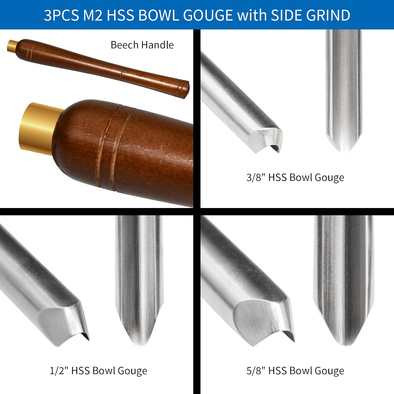 3-Pack M2 HSS Bowl Gouge Set, Side Grind Wood Turning Chisels | M2 High-Speed Steel With HRC60 Hardness, Side Grind