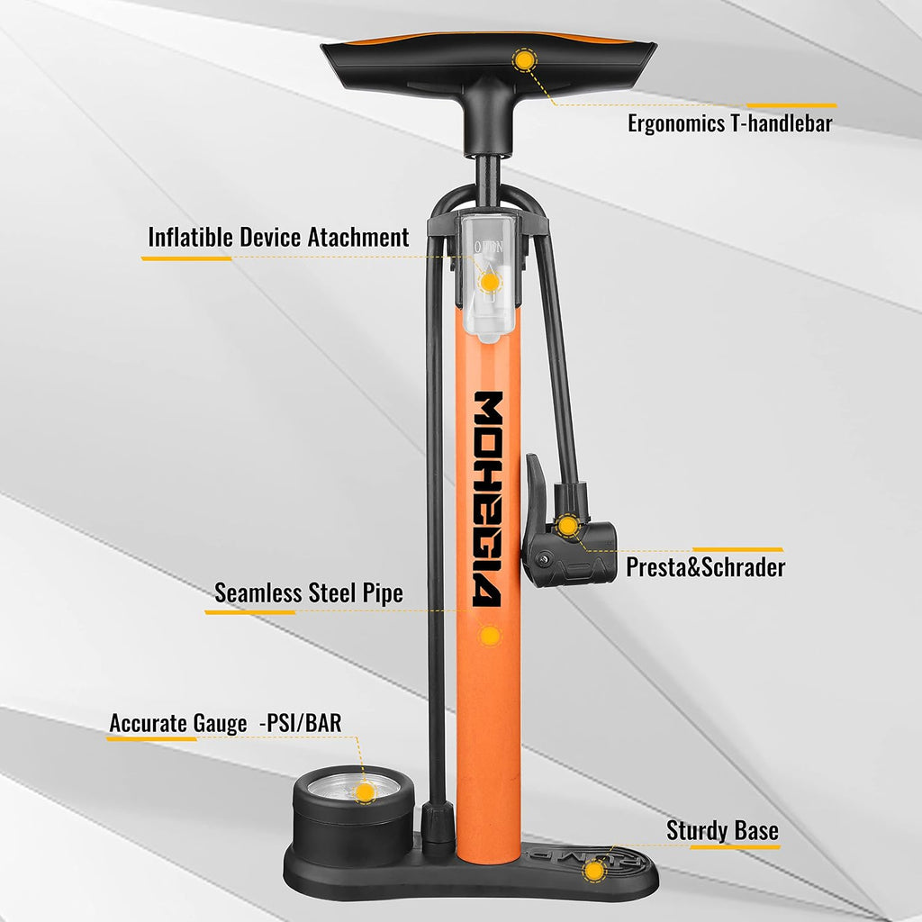 Bike Floor Pump with Gauge: Air Bicycle Pump with High Pressure 160 PSI,Fits Schrader and Presta Valve -Inflator with