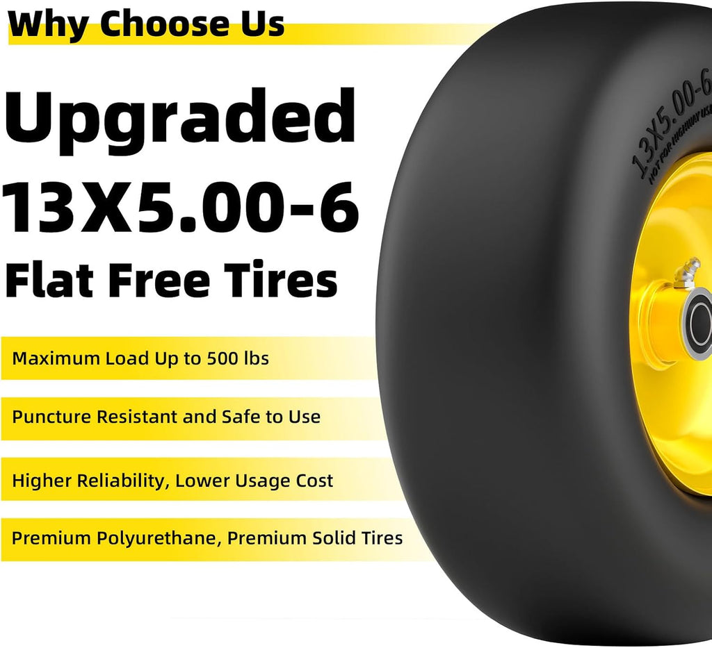 13x5.00-6 Flat Free Lawn Mower Tires and Wheel, for Zero Turn Mower | Universal 3/4", 5/8", 1/2" Bearings, 500 lbs
