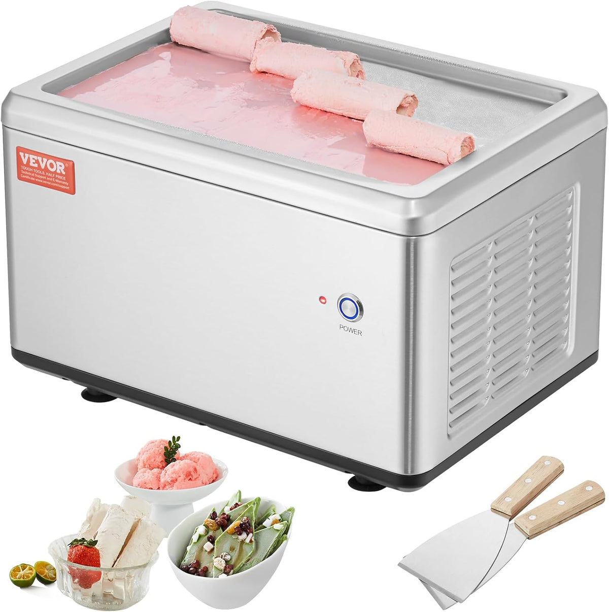 Fried Ice Cream Machine, 12.6" x 8.5" 120W Stir-Fried Ice Cream Roll Maker with Compressor and 2 Scrapers