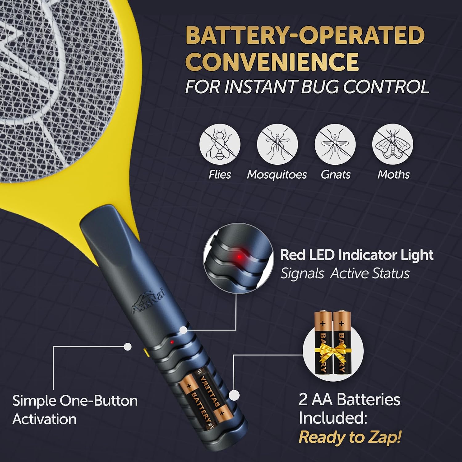Bug Zapper Racket, Electric Fly Swatter for Mosquitoes, Flies, and Flying Insects, 18 Inch Handheld Battery Powered