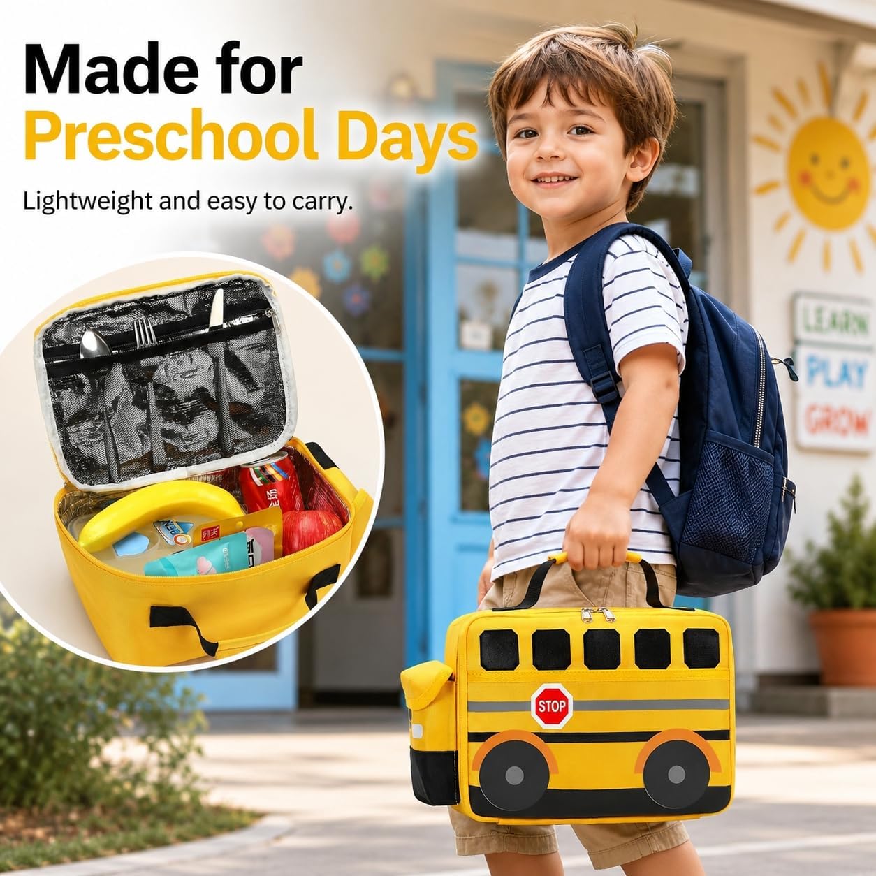 3D School Bus Lunch Box for Kids, Insulated Toddler Lunch Bag for Boys, Preschool, Daycare and Kindergarten, Reusable