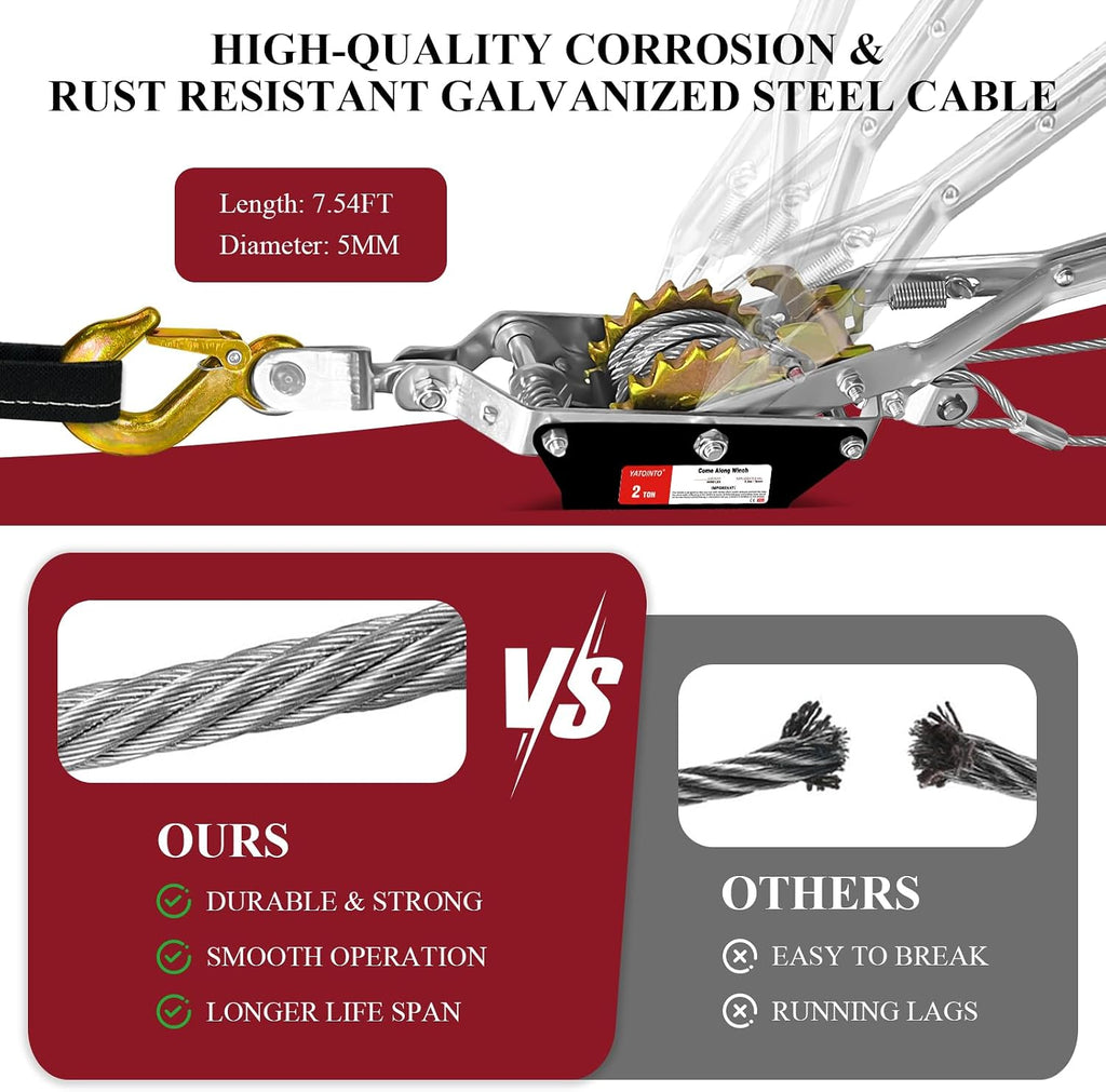 Come Along Winch, 2 Ton (4480 lbs) Pulling Capacity, 7 ft Steel Cable, 2 Hooks, Heavy Duty Ratchet Power Puller Tool