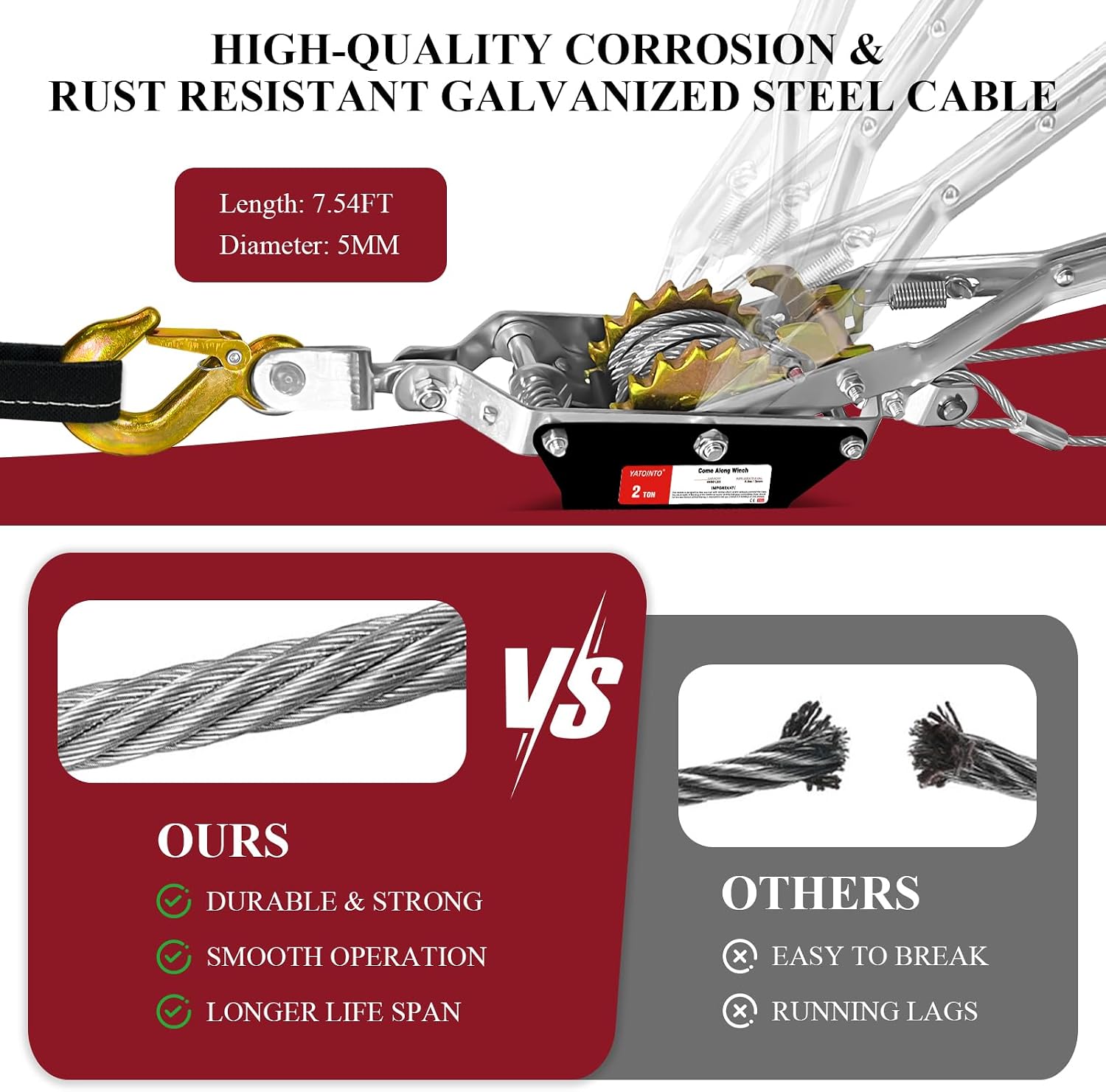 Come Along Winch, 2 Ton (4480 lbs) Pulling Capacity, 7 ft Steel Cable, 2 Hooks, Heavy Duty Ratchet Power Puller Tool