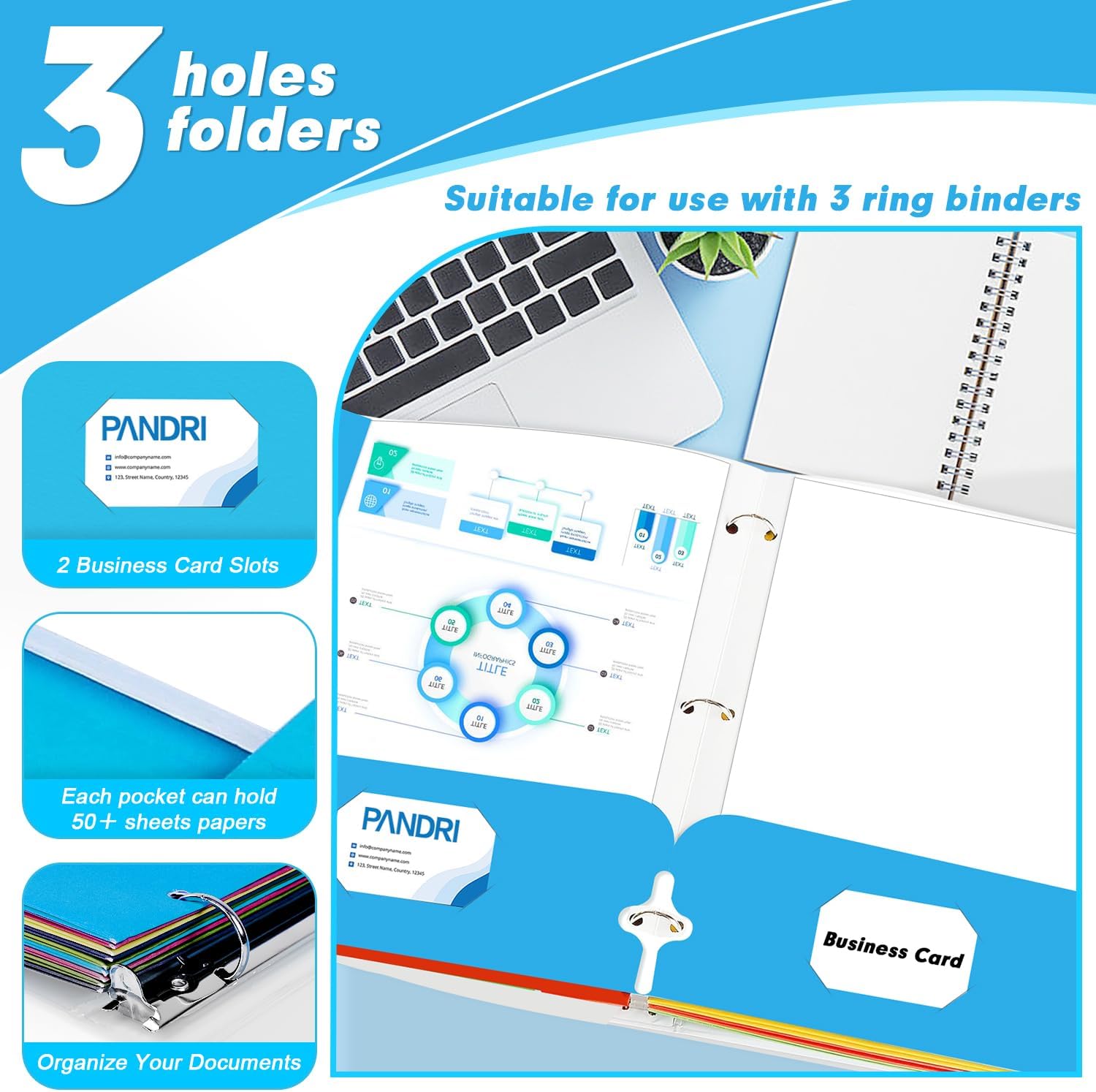 Two Pocket Portfolio Folders, PANDRI 60 Pack 3 Hole Punched 2 Pocket Folders for 3-Ring Binder, Letter Size Paper