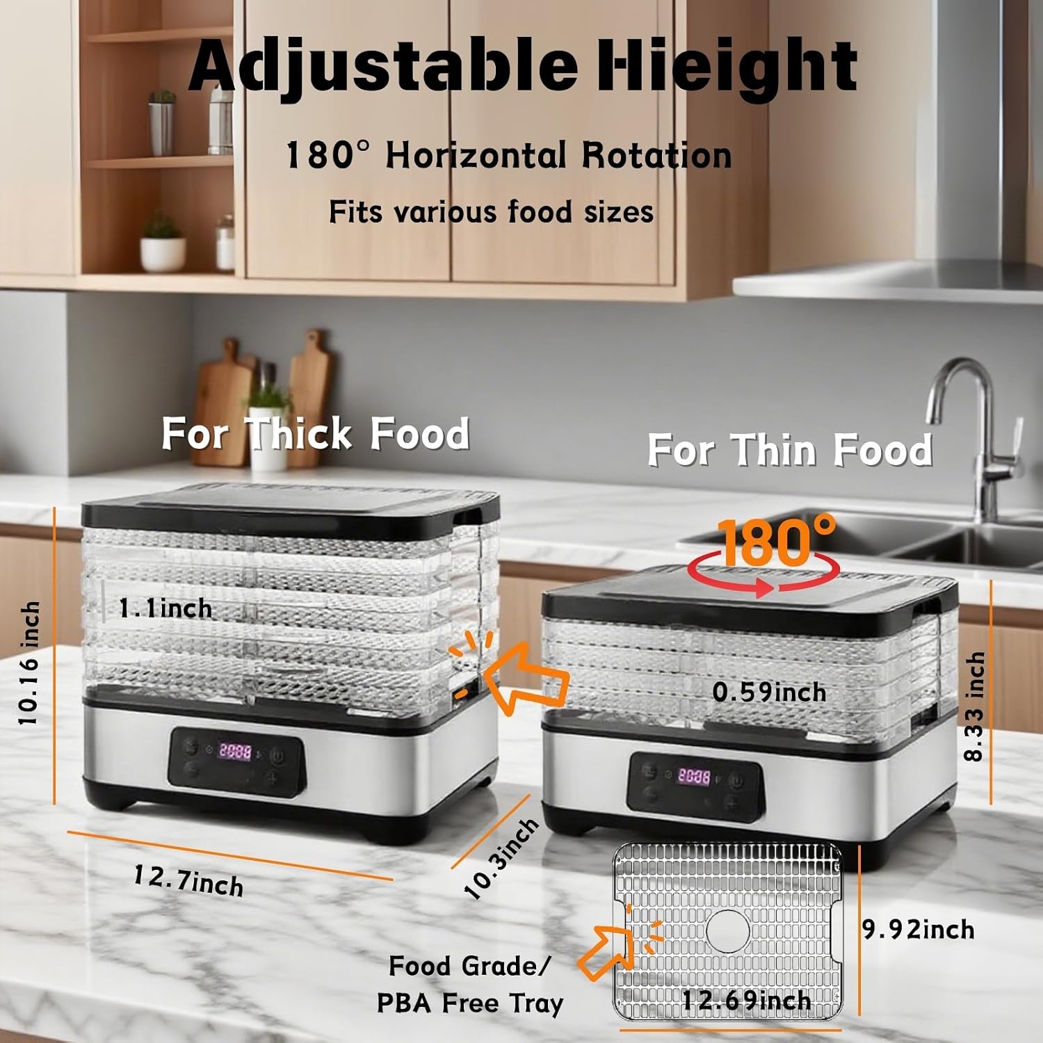 Food Dehydrator, 5 Stackable 12.6'' Trays Dehydrators with 24H Timer