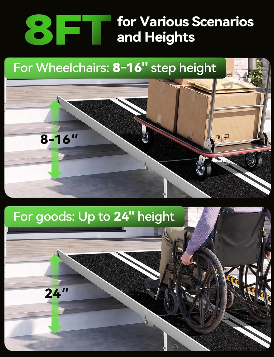 8FT Wheelchair Ramp with Support Legs, Portable Ramps for Home Steps