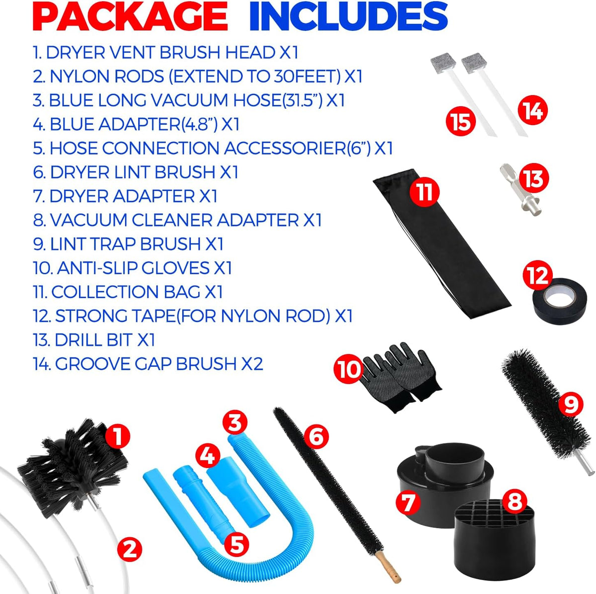 30FT Dryer Vent Cleaner Kit 15Pcs - Lint Remover Brush Vacuum Tools