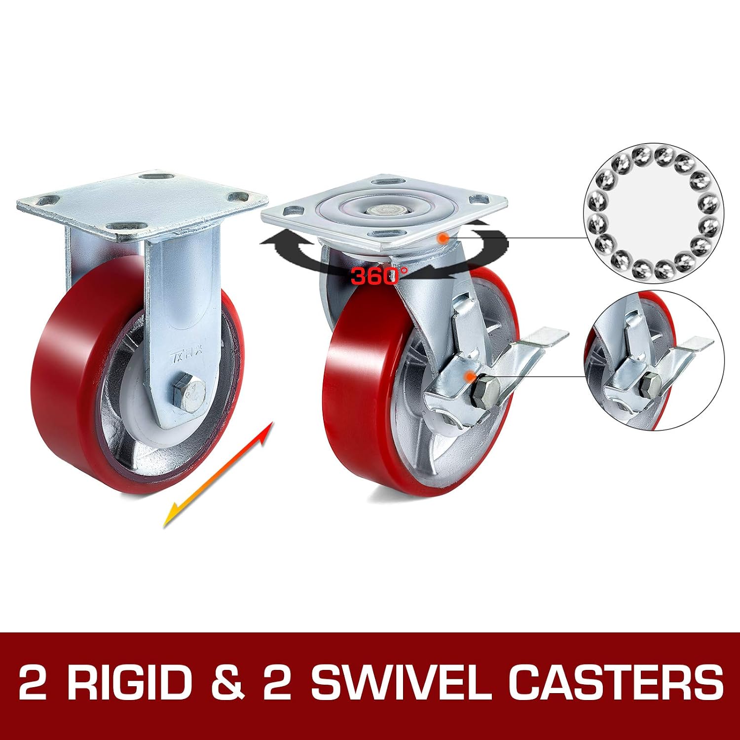 Caster Wheels Set of 4, 6" Heavy Duty Casters (2 Rigid and 2 Swivel Casters with Side Brake) Polyurethane Iron Core