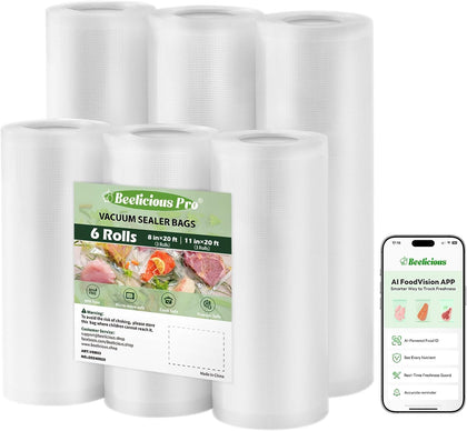 Vacuum Sealer Bags Rolls for Food 6 Pack 3 Rolls 11" x 20' and 3 Rolls 8" x 20' Commercial Grade with BPA-Free