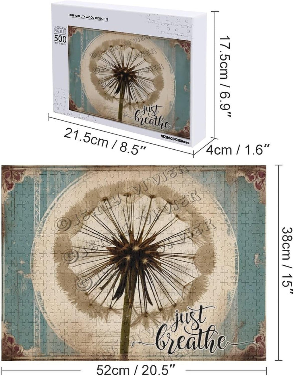 Dandelion Just Breathe 500 Piece Puzzles for Adults Wooden Wall Art Decorative Sign for Bedroom Living Room Kitchen