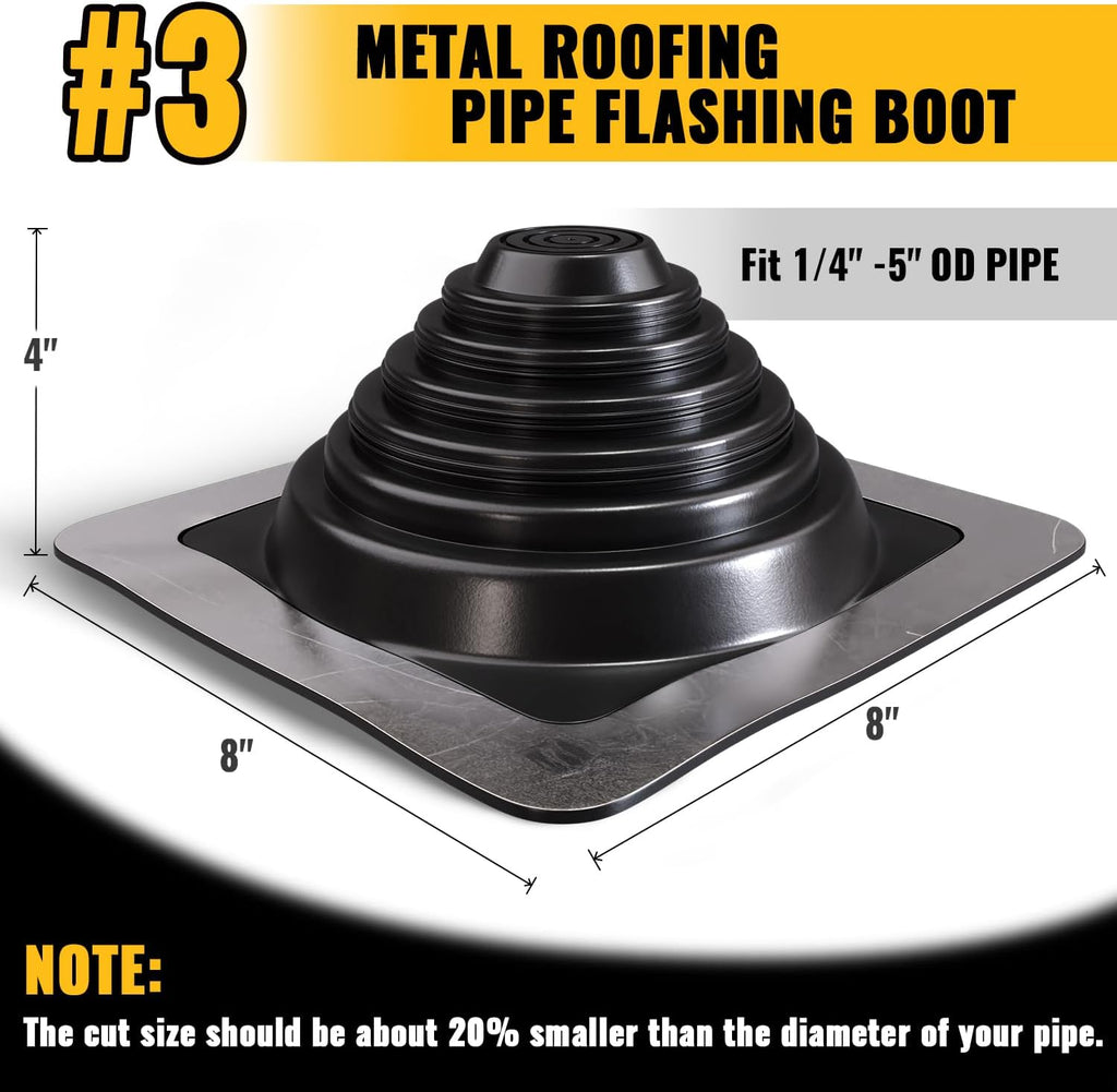 #3 Metal Roof Pipe Flashing, Silicone Roof Vent Boot, Black, 1-Pack