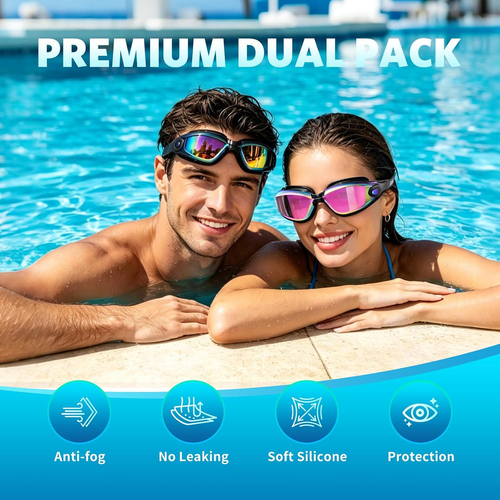 Swim Goggles 2 Pack for Adult Men Women No Leak with Storage Case | Anti-Fog UV Protection Mirrored Swim Glasses