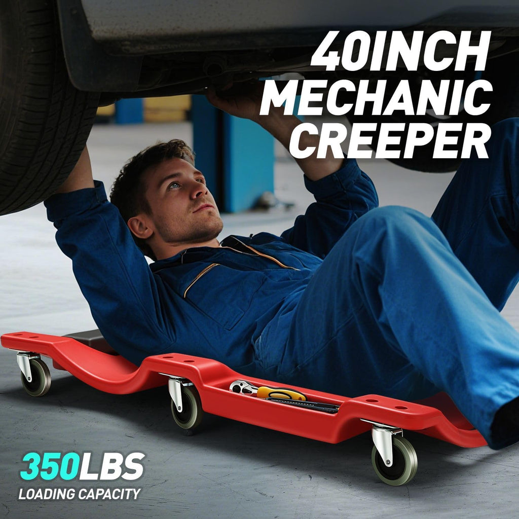 40 Inch Mechanic Creeper, Blow Molded Low Profile Rolling Garage Creeper, w/Padded Headrest, Dual Tool Trays, 350lbs