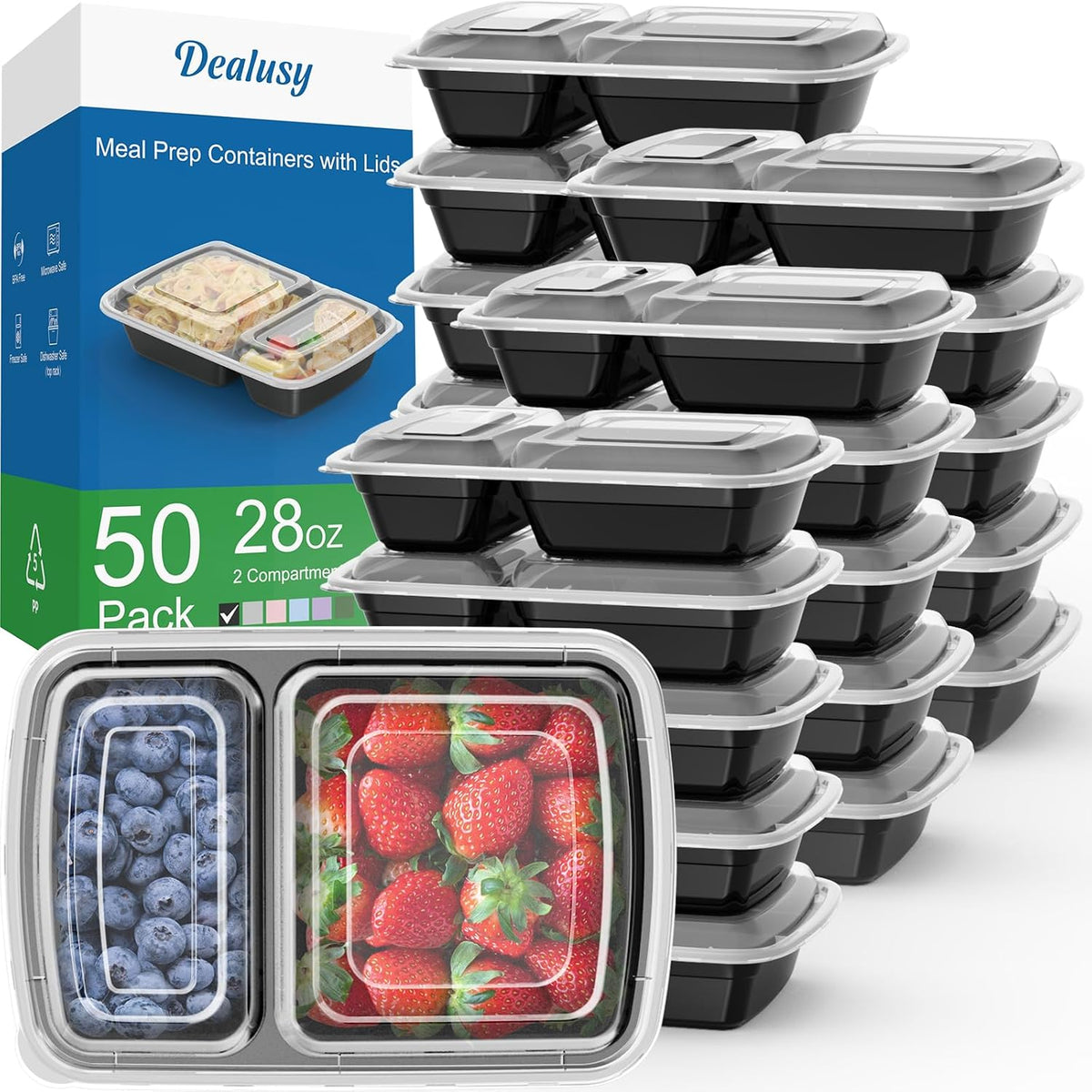 50 Pack 28 oz Meal Prep Containers with Lids 2-Compartment, Black