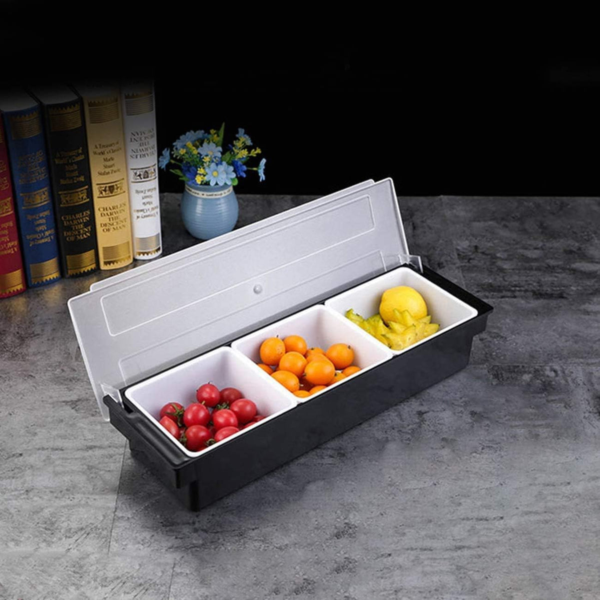 Fruit Veggie Condiment Caddy with Lid, 3 Compartment Plastic Dispenser Tray for Catering Dips Toppings, Serving Taco