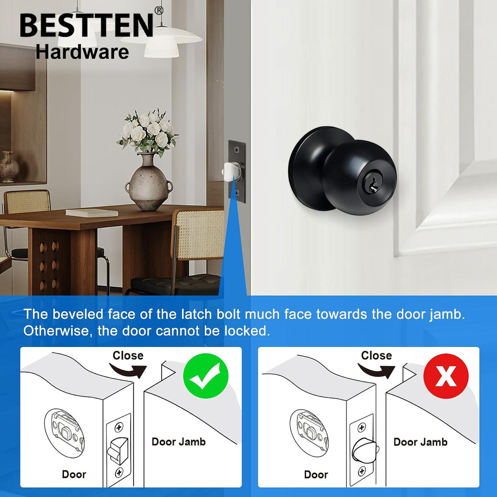 2 Pack Door Knob with Lock and Key, Keyed Different, Matte Black | Entrance Door Lock, Standard Ball
