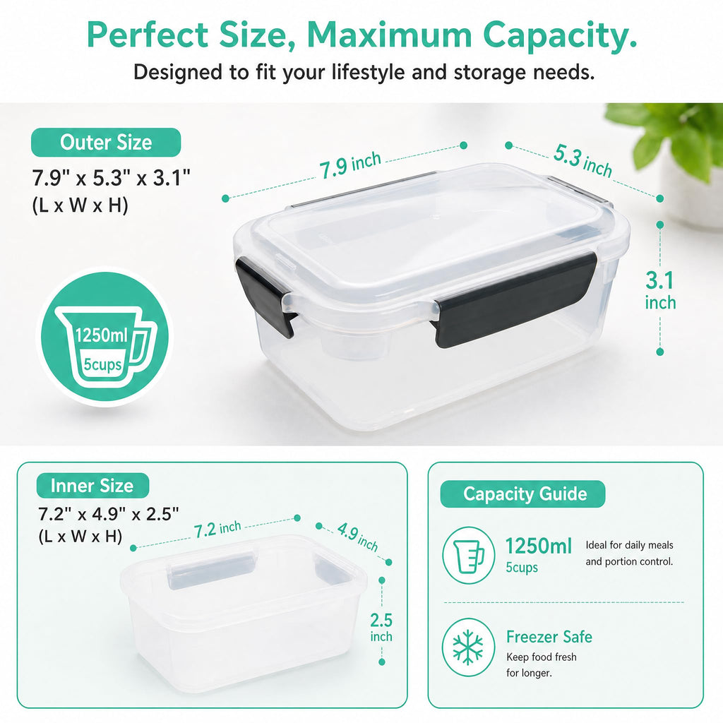 5cup Plastic Food Storage Containers With Lids For Lunch Meal Prep,5pk