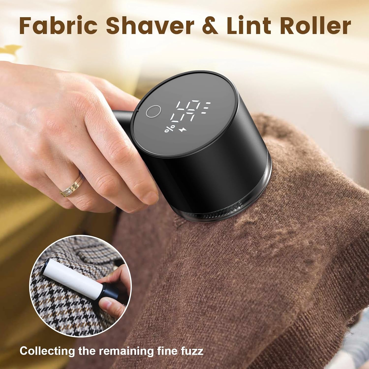 Rechargeable Fabric Shaver Defuzzer with Lint Roller, 2 Extra Blades, Black | Sweater Shaver, Electric Fuzz Remover