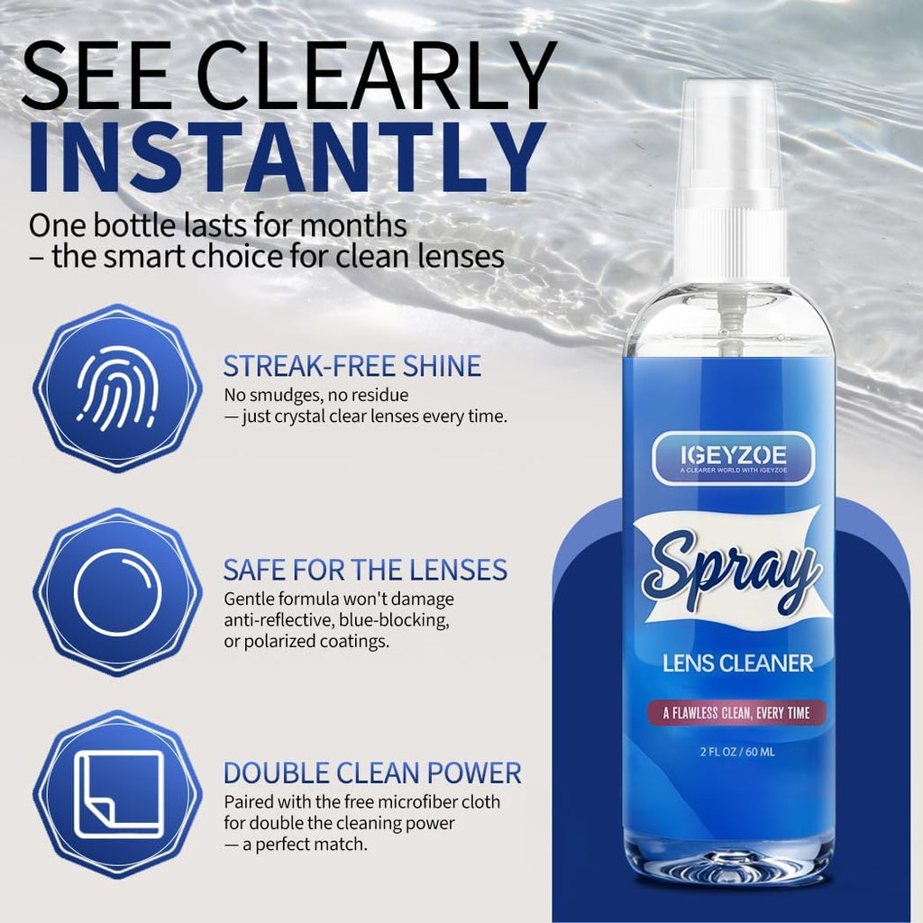 Eyeglass Lens Cleaner Spray Kit - (2x2oz) Glasses Cleaner Bottle + (4X) Microfiber Cloth 6.9"×5.7", Alcohol Free