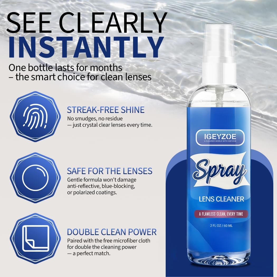 Eyeglass Lens Cleaner Spray Kit - (2x2oz) Glasses Cleaner Bottle + (4X) Microfiber Cloth 6.9"×5.7", Alcohol Free