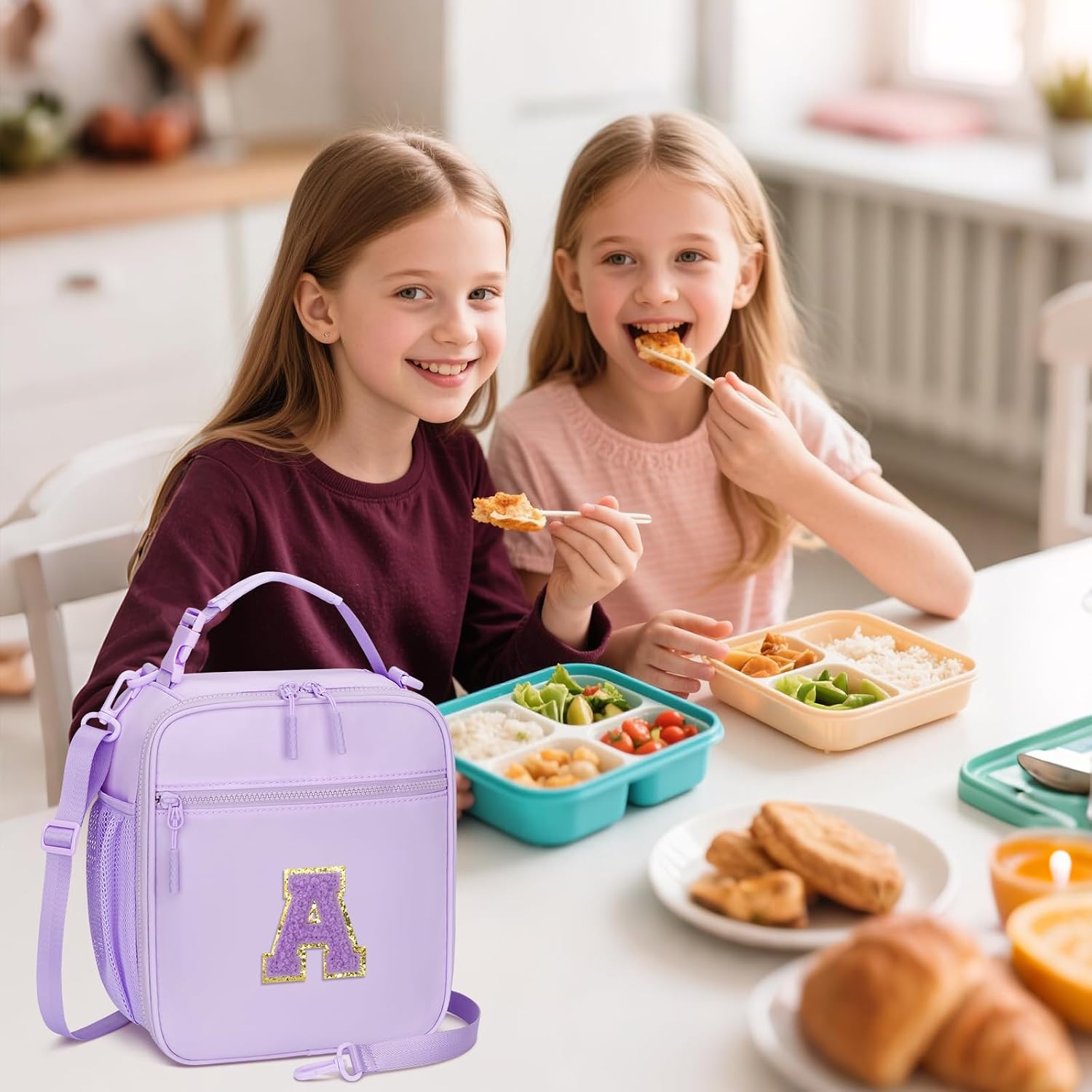 Initial Insulated Lunch Bag for Girls Kids, Back to School Gift, Reusable Leak-proof Lunch Box with Adjustable Strap