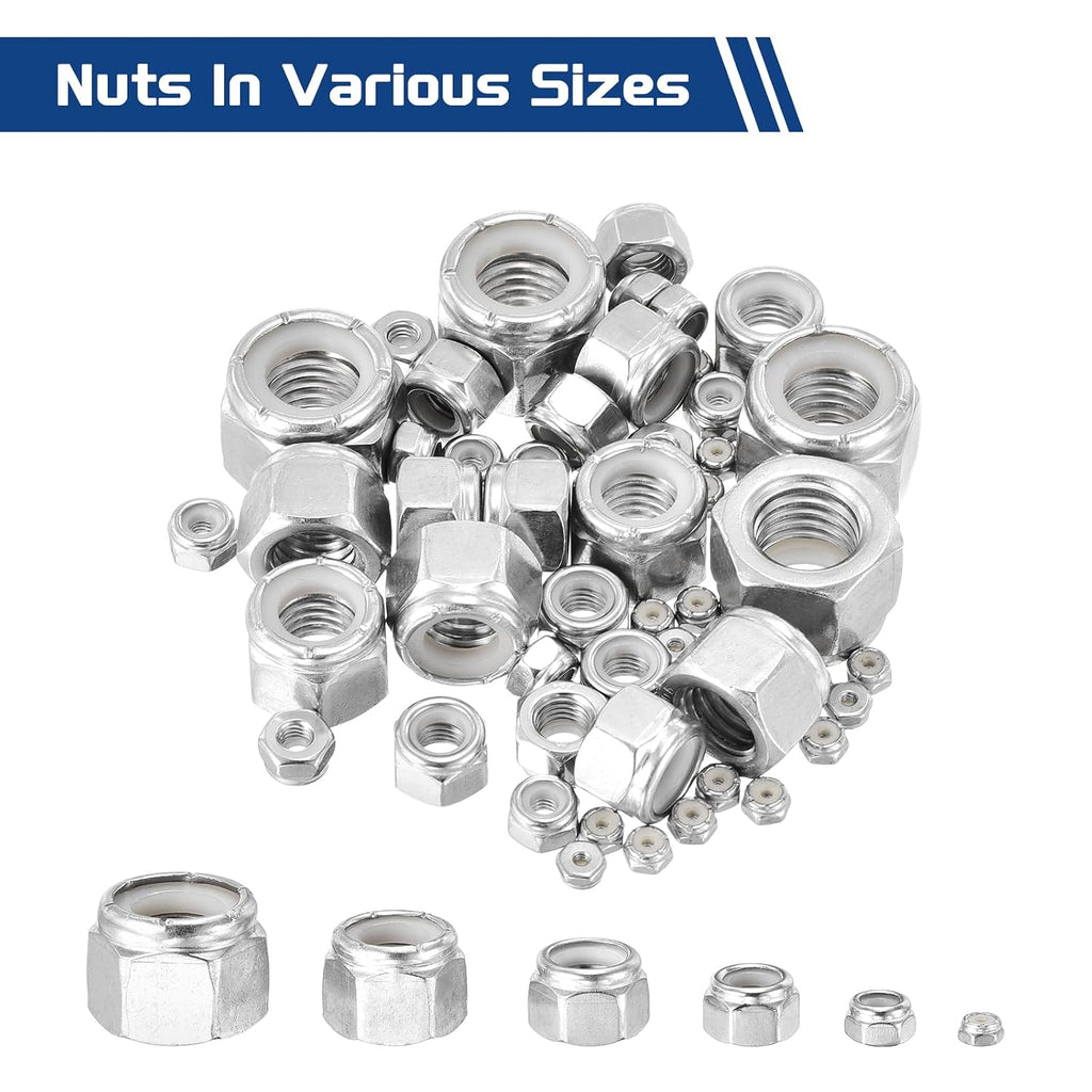 50Pcs #6-32 Nylon Locking Hex Nuts 304 StainlessSteel Silver