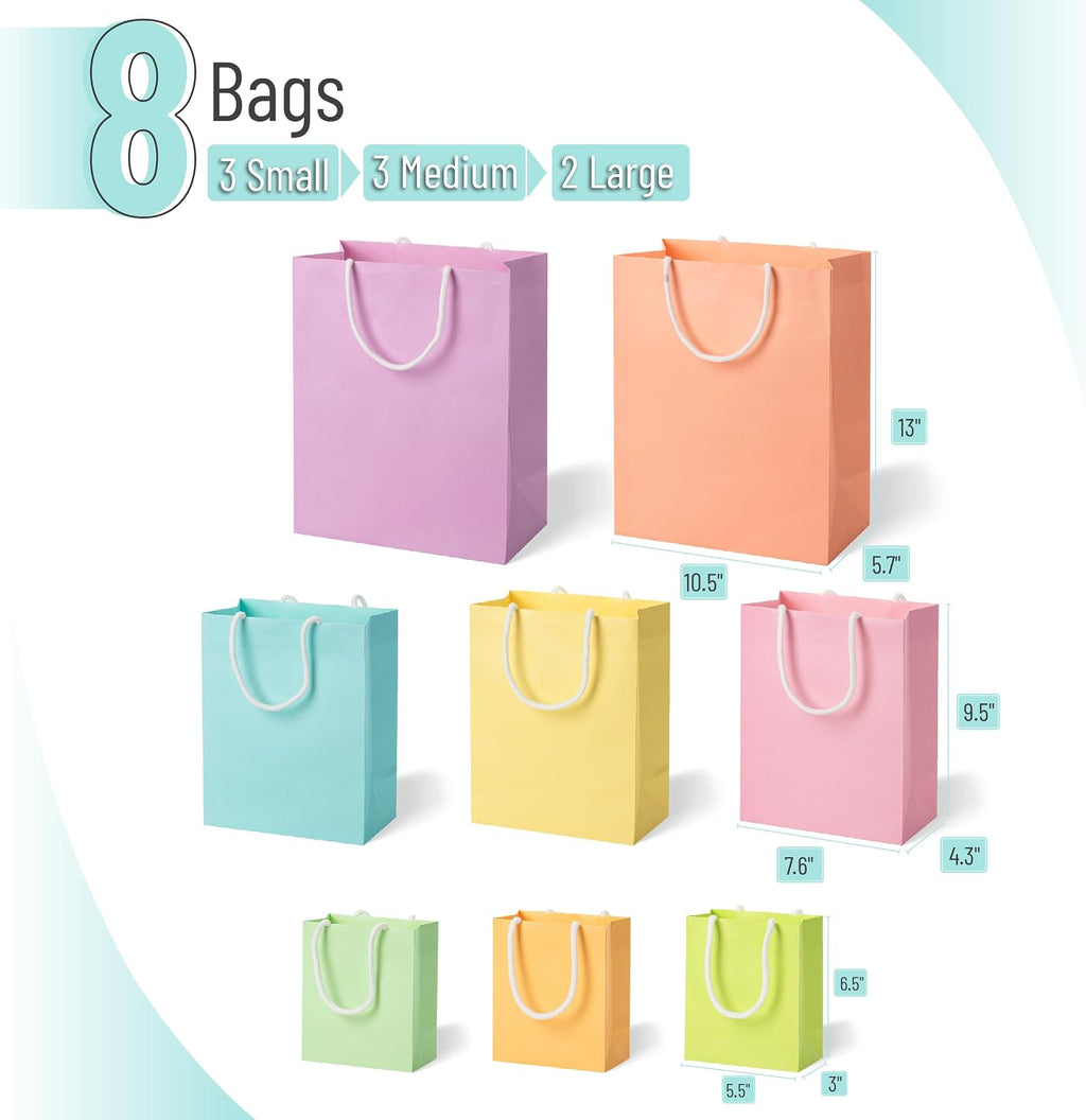 Paper Gift Bags with Handles, Assorted Sizes, 8 Pack