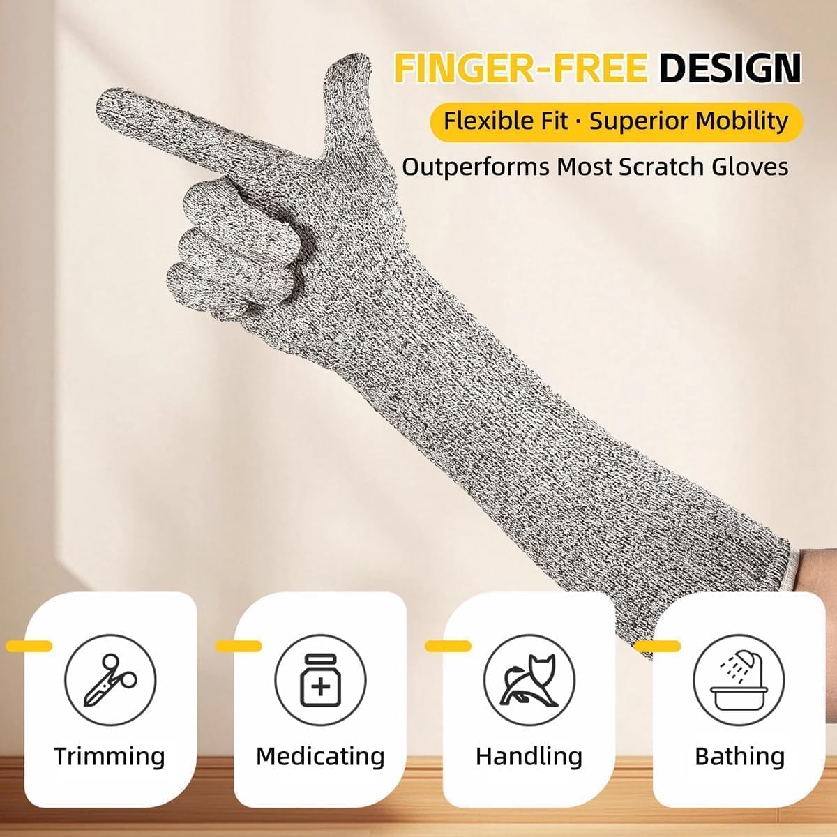 15.7” Pet Handling Sleeves, Flexible Kevlar Gloves for Cat Grooming, Nail Trimming & Arm Protection