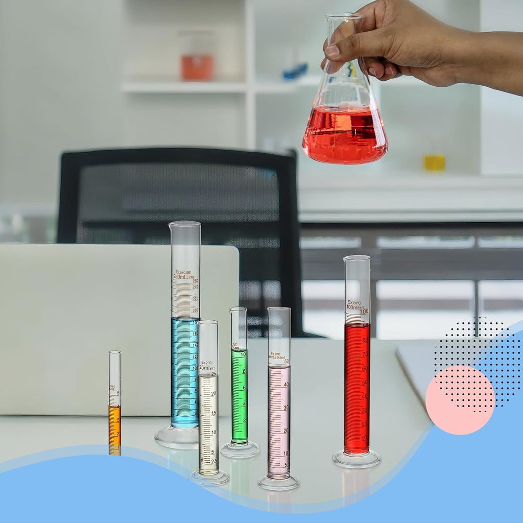 6 Glass Graduated Cylinders 5-250ml with Test Tubes Rack Lab | 6 Measuring Sizes for Experiments, Includes Test Tubes