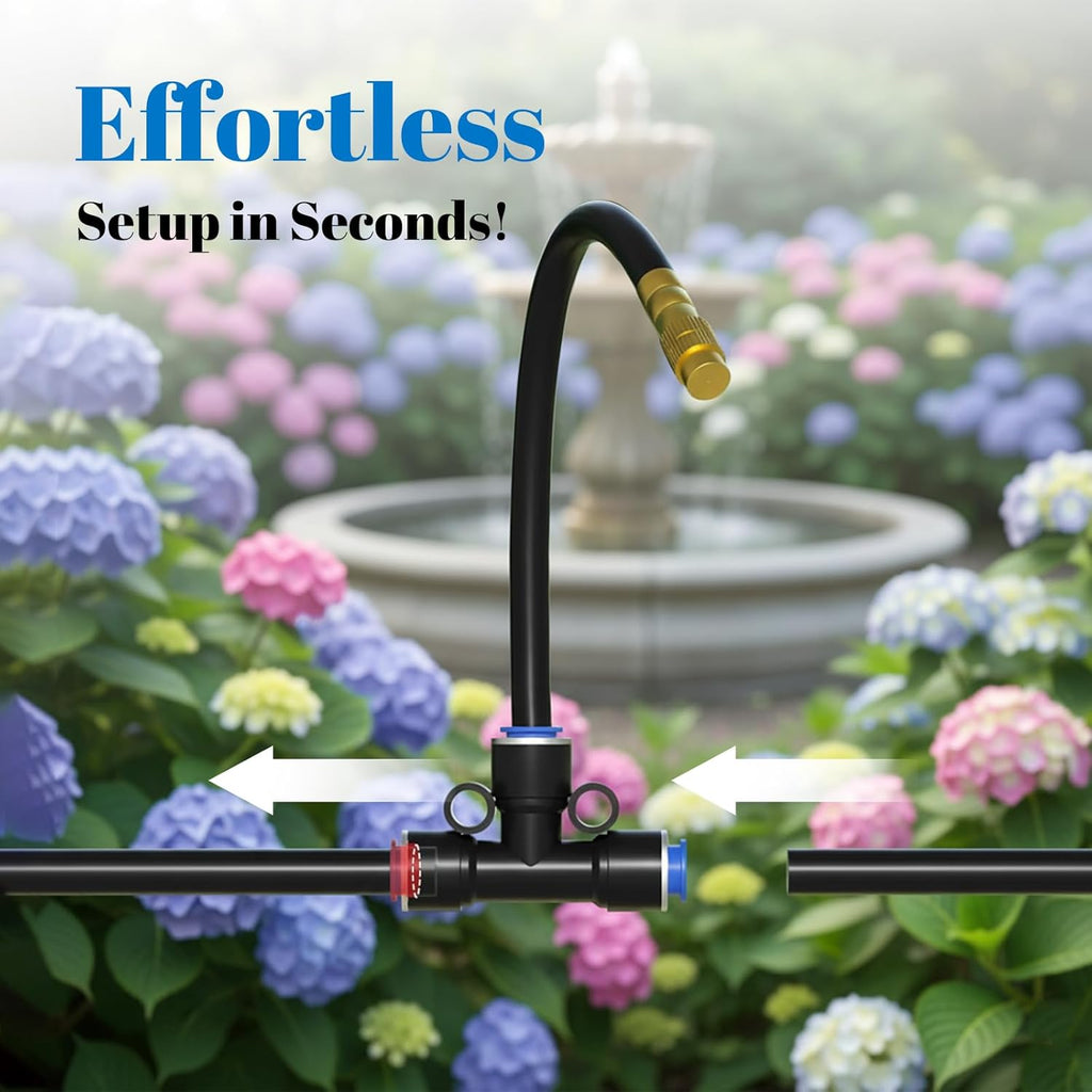 100ft 1/4-Inch Drip Irrigation Kit with 16 Adjustable Copper Nozzles, Automatic Atomizing Watering Sprinkler System