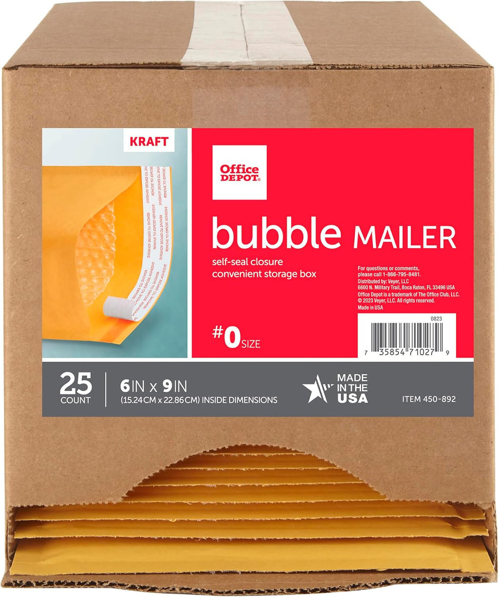 Self-Sealing Bubble Mailers, Size 0, 6in. x 9in., Pack Of 25, 284337