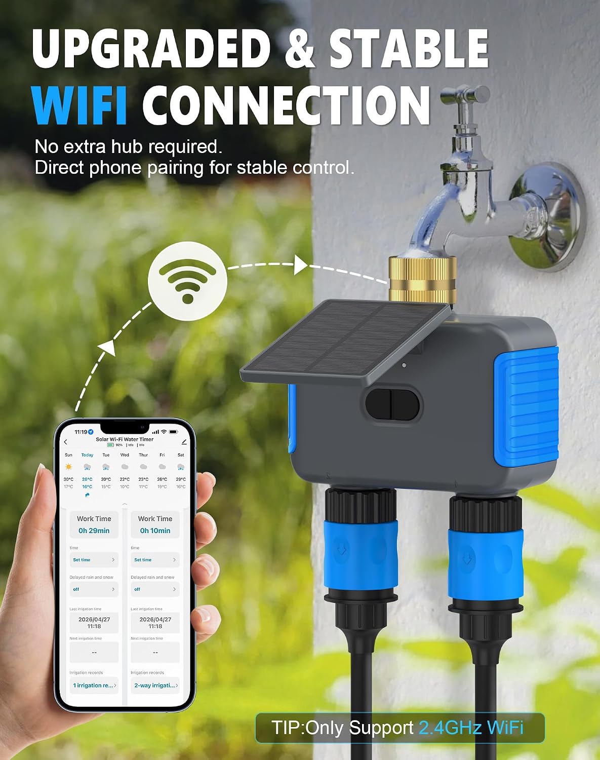 WiFi Solar Sprinkler Timer, 2 Zone Smart Bluetooth Hose Timers | Water Timer for Garden Hose with APP, Digital