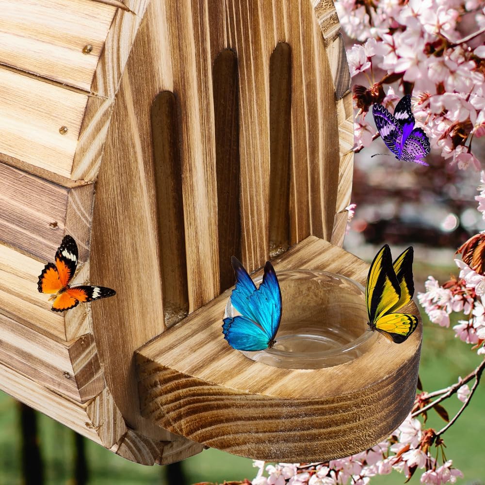 Butterfly House Wooden Habitat Natural Nesting Box Garden House with Feeder Hanging for Bee Butterfly Ladybirds for