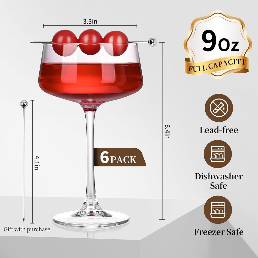 Martini Glasses Set of 6, 9oz Coupe Glasses, Hand Blown Crystal Cocktail Glasses for Espresso Martini, Manhattan,Home