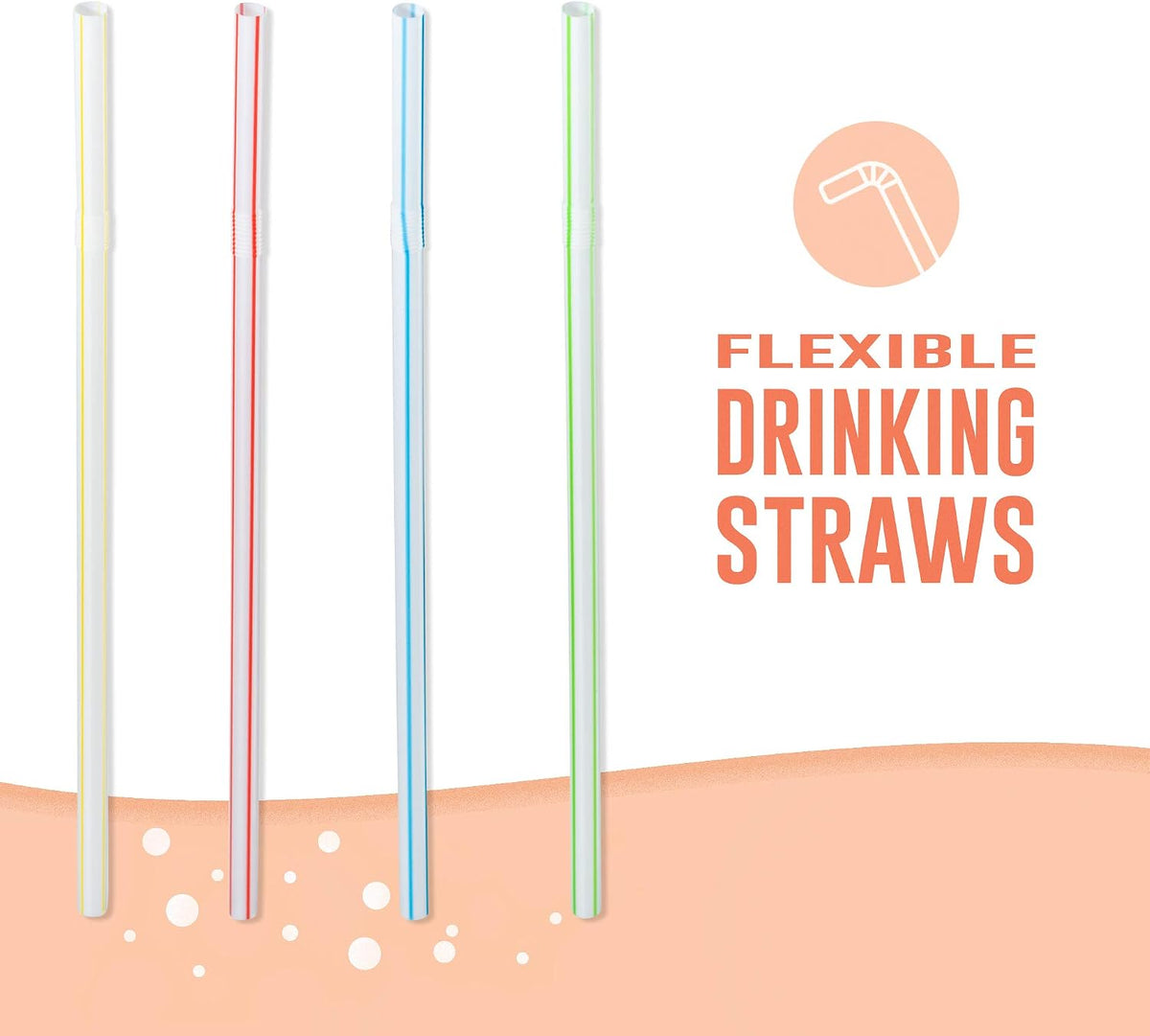 [500 Pack] Striped Flexible Plastic Drinking Straws Disposable Straw 8'' inches Tall Assorted Colors