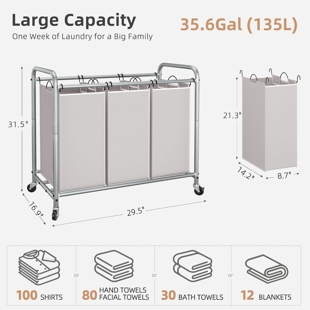 3 Section Laundry Sorter, 35.6 Gal (135 L) Laundry Hamper Cart with Heavy Duty Rolling Lockable Wheels and Removable