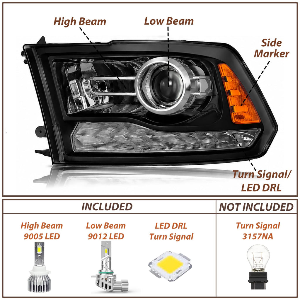 LED DRL Projector Headlights Assembly w/LED Bulbs For 2009-2018 Dodge Ram