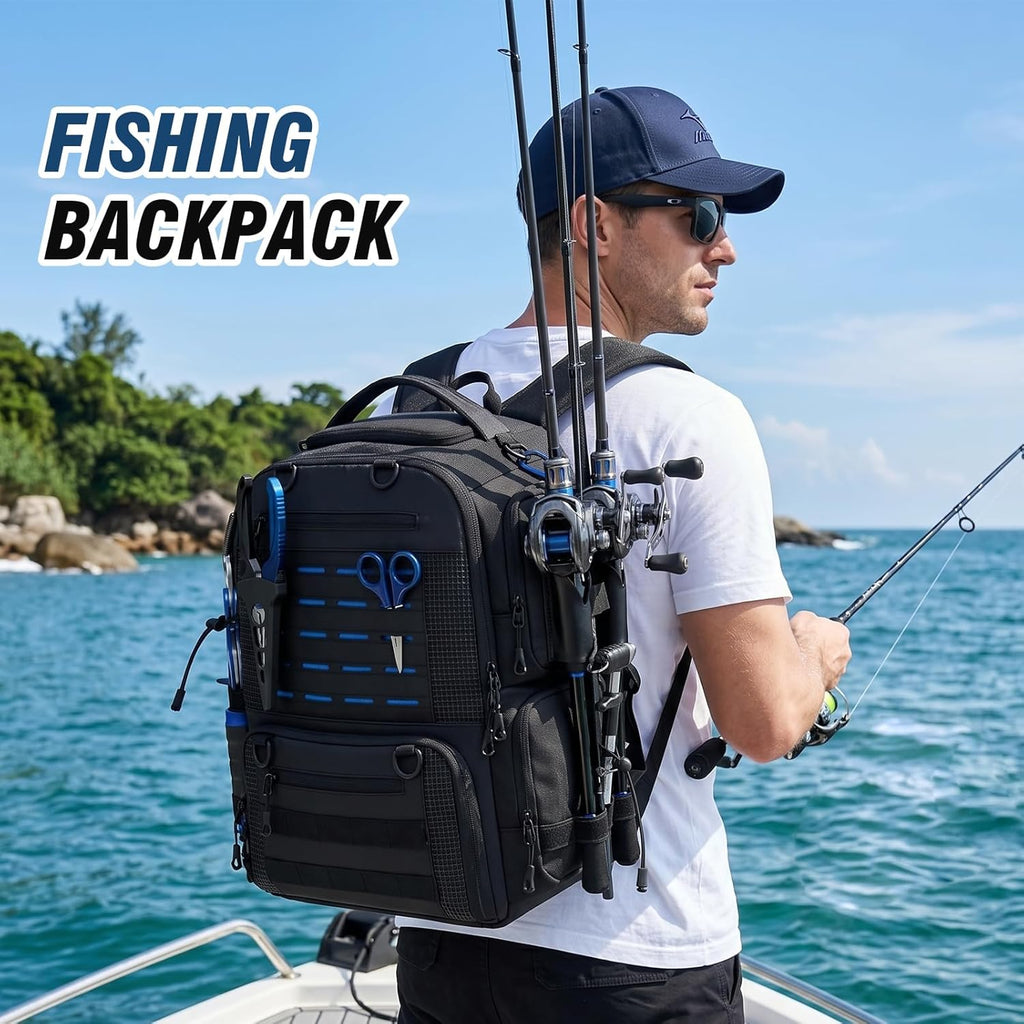 Fishing Tackle Backpack with Tackle Boxes, Two Rod Holders, Bottle Holder, 50L Waterproof Tackle Bag for Fishing