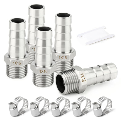 TAISHER 5PCS 304 Stainless Steel of Air Hose Fittings, New Hose Barb Fittings 5/8" Barb x 1" MNPT Pipe Adapter with 5PCS Hose Clamp