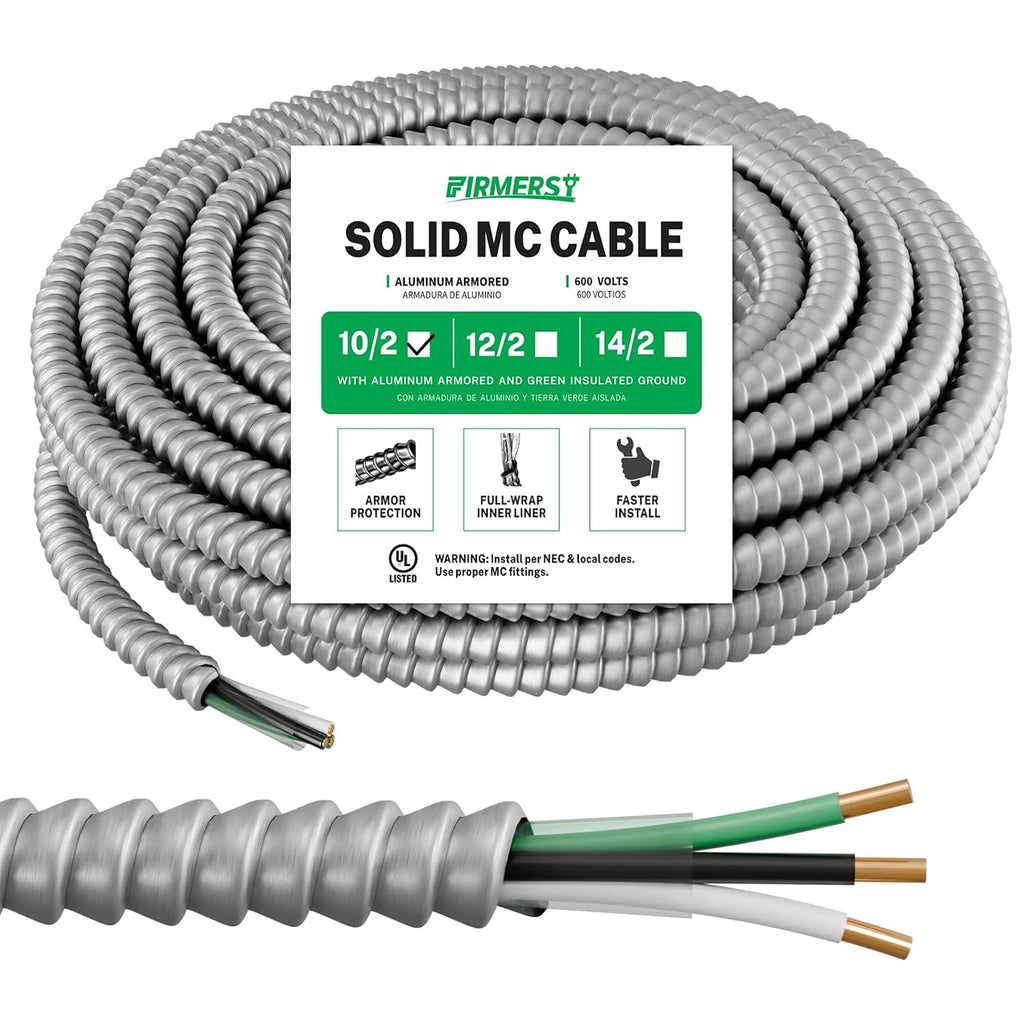 FIRMERST 10/2 MC Cable with Ground, 50 FT, Solid Copper, Armored, 600V