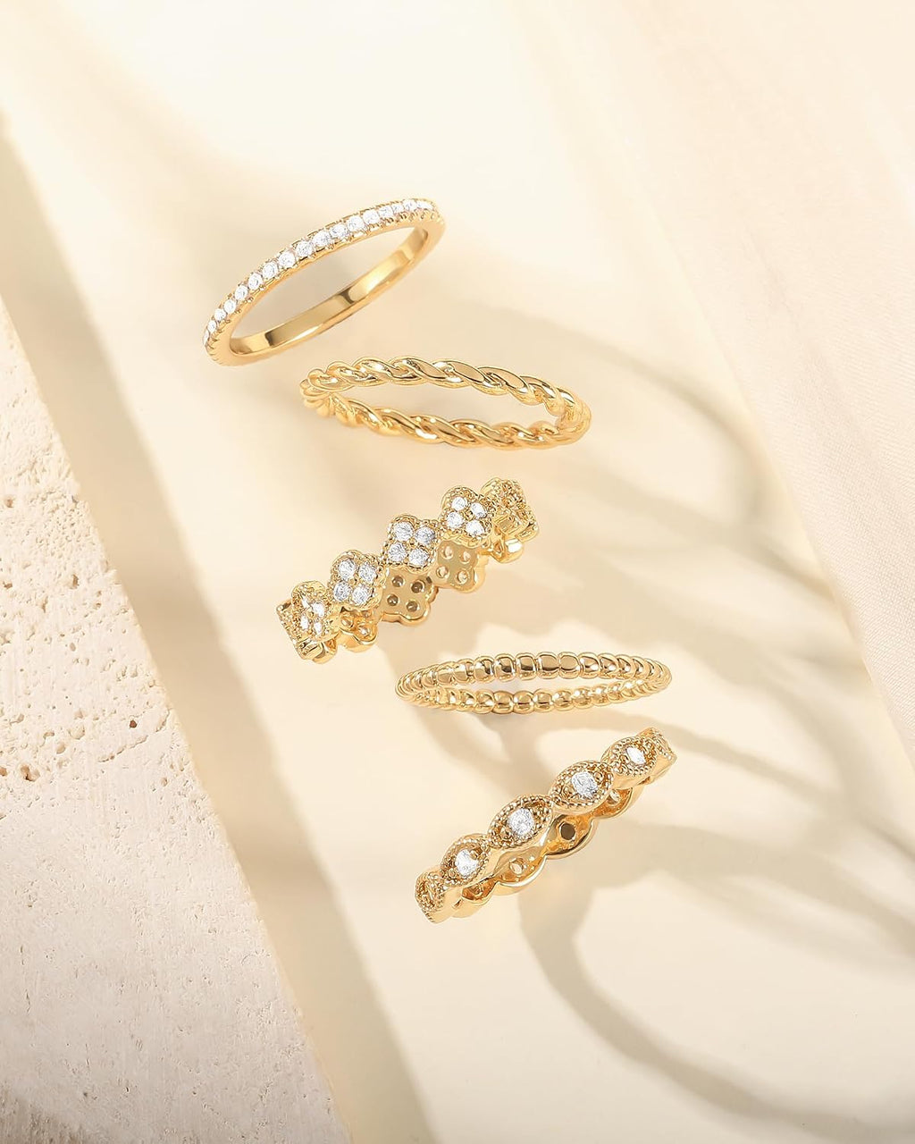 Gold Stackable Rings for Women Non Tarnish 14K Gold Plated Cubic Zirconia Stacking Chunky Eternity Band Rings Dainty