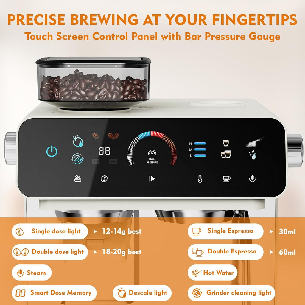 Semi-Automatic Espresso Machine with Grinder, 2-in-1 Coffee Machine with Milk Frother, 20 Bar Pressure Coffee Maker