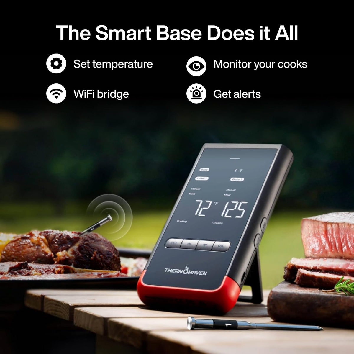 WiFi Wireless Meat Thermometer, 2 Probes, Smart Base, 6 Sensors