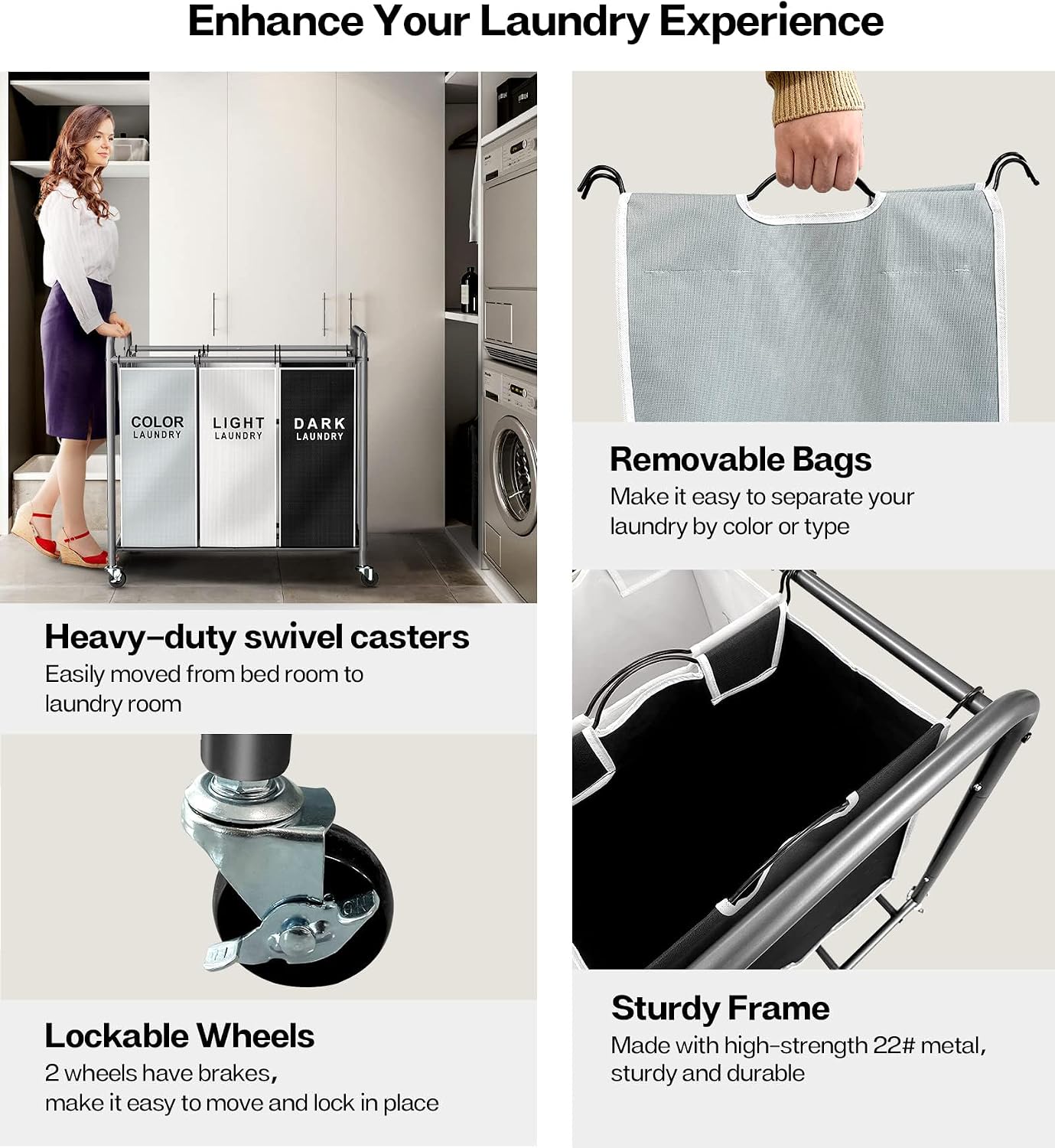 Laundry Sorter Hamper 3 Section, Divided Laundry Basket Organizer | Rolling Clothes Hamper with Heavy Duty Lockable