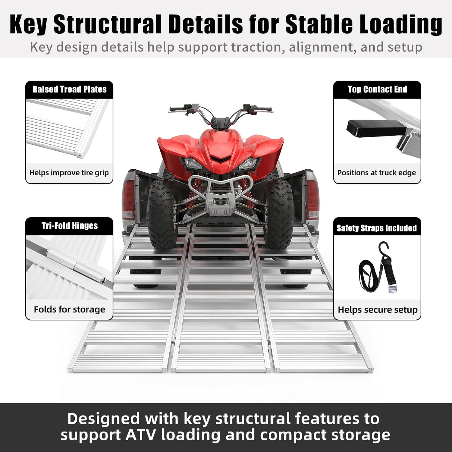 Aluminum Tri-Fold ATV Loading Ramp, 76" x 50" Wide Platform, 1500 lb Capacity with Safety Straps for Lawn Mower, Snow