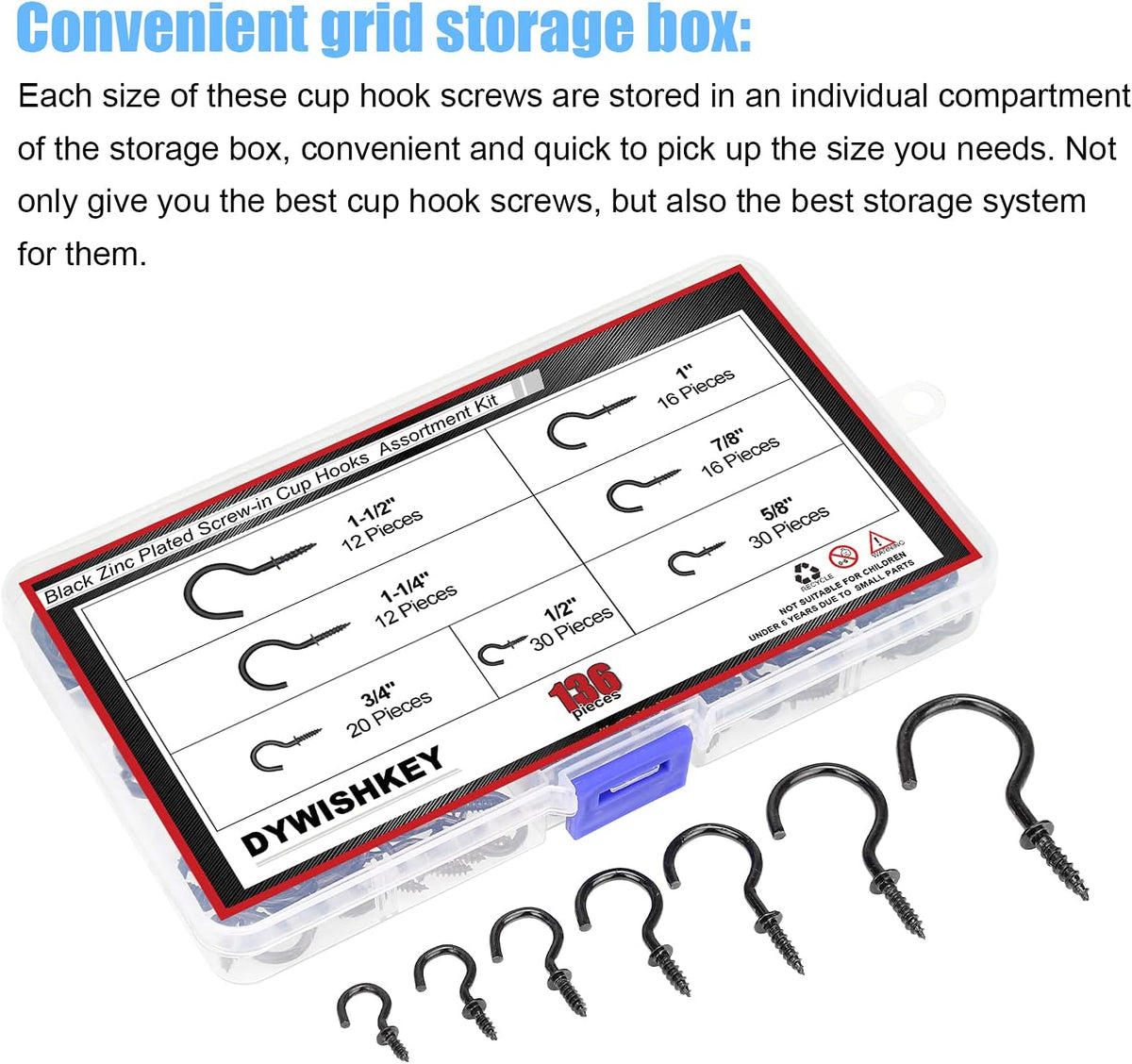 136PCS 7-Sizes Screw-In Hook Kit, Black Zinc Plated Cup Hooks for Home, Office & Workplace (1/2", 5/8", 3/4", 7/8"